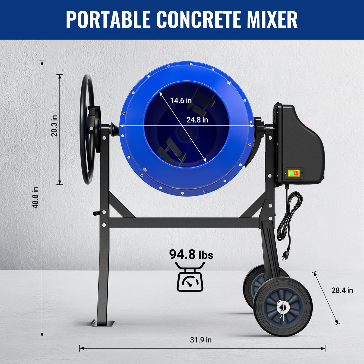 WORKPRO 4.6 Cu.Ft. Electric Cement Mixer, 600W 0.8HP Portable Concrete Mixer with Wheels & Stand Steel for Stucco, Mortar & Seeds(W)