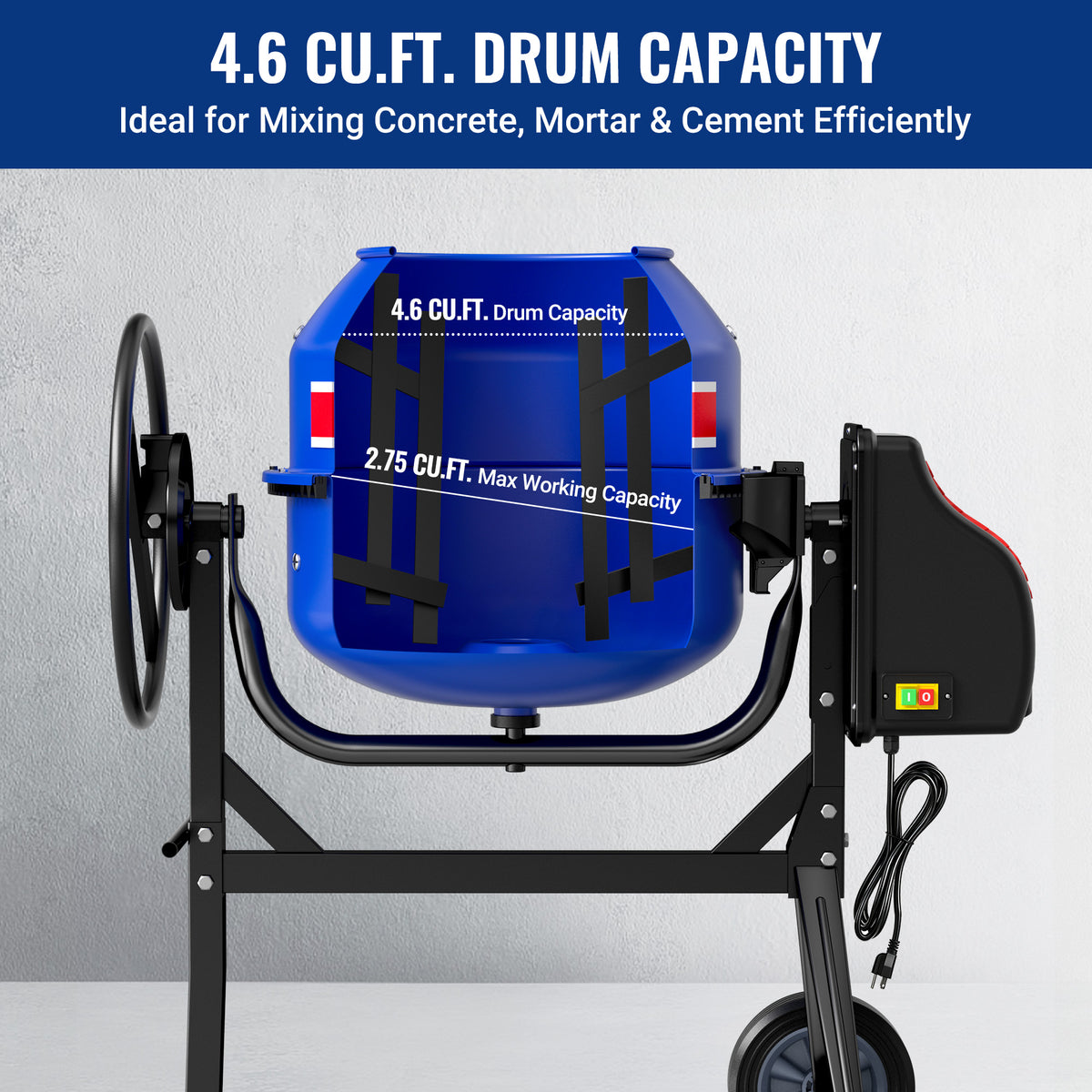 WORKPRO 4.6 Cu.Ft. Electric Cement Mixer, 600W 0.8HP Portable Concrete Mixer with Wheels & Stand Steel for Stucco, Mortar & Seeds(W)