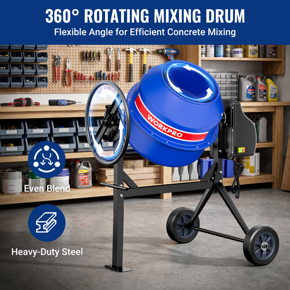 WORKPRO 4.6 Cu.Ft. Electric Cement Mixer, 600W 0.8HP Portable Concrete Mixer with Wheels & Stand Steel for Stucco, Mortar & Seeds(W)