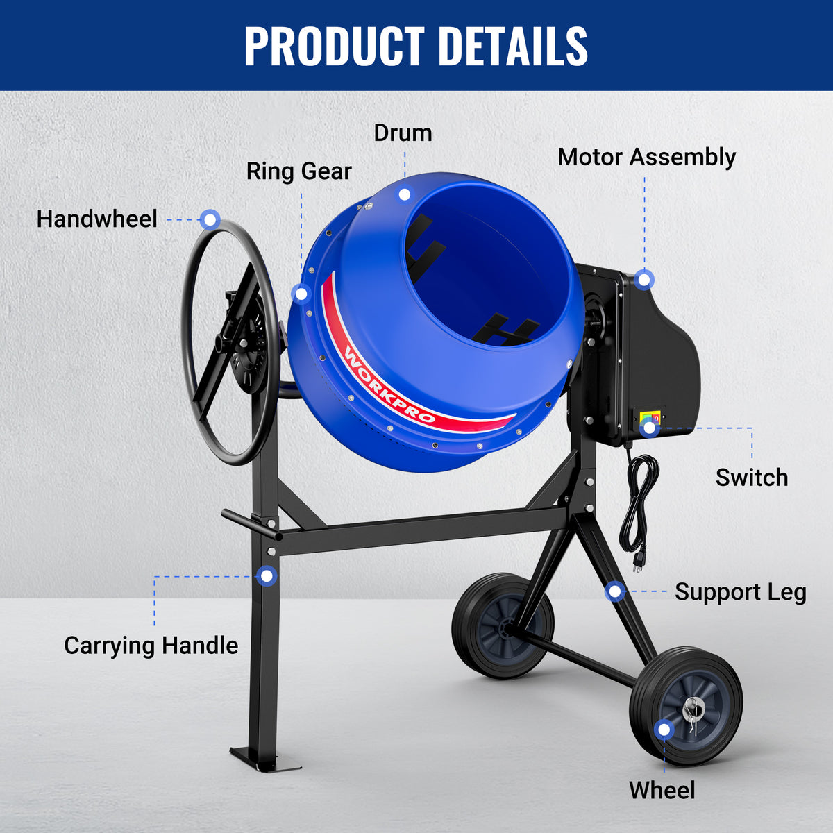 WORKPRO 4.6 Cu.Ft. Electric Cement Mixer, 600W 0.8HP Portable Concrete Mixer with Wheels & Stand Steel for Stucco, Mortar & Seeds(W)