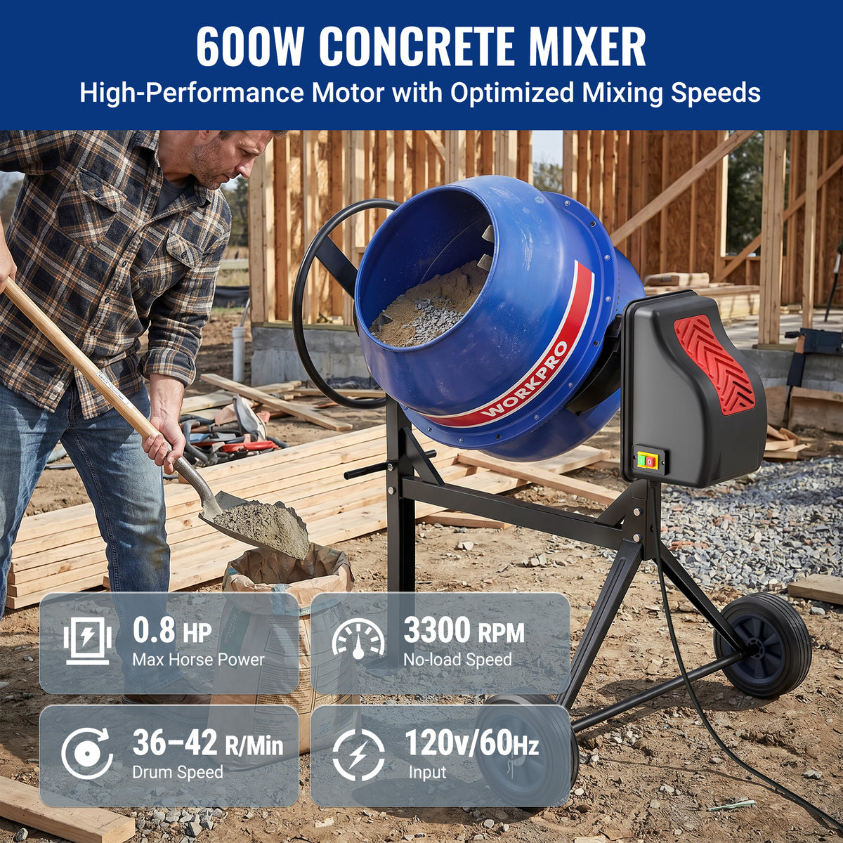 WORKPRO 4.6 Cu.Ft. Electric Cement Mixer, 600W 0.8HP Portable Concrete Mixer with Wheels & Stand Steel for Stucco, Mortar & Seeds(W)
