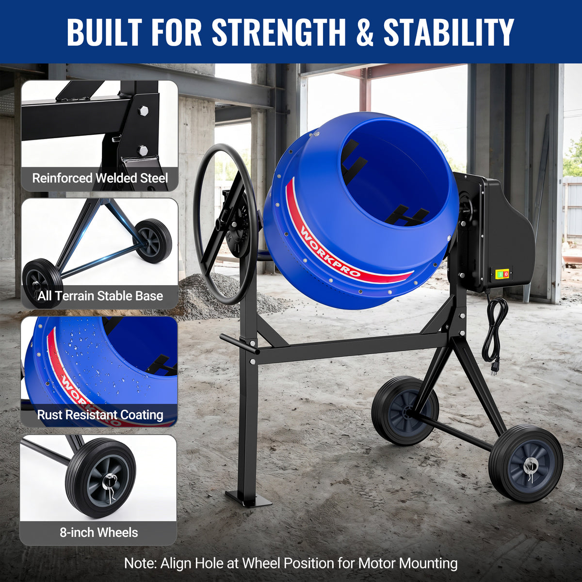 WORKPRO 4.6 Cu.Ft. Electric Cement Mixer, 600W 0.8HP Portable Concrete Mixer with Wheels & Stand Steel for Stucco, Mortar & Seeds(W)