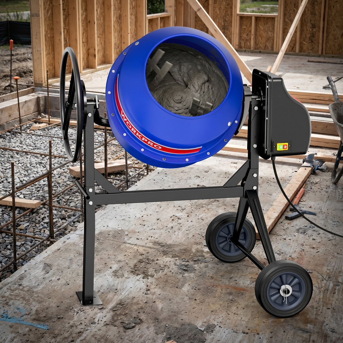 WORKPRO 4.6 Cu.Ft. Electric Cement Mixer, 600W 0.8HP Portable Concrete Mixer with Wheels & Stand Steel for Stucco, Mortar & Seeds(W)