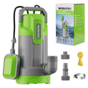 Green and gray submersible sump pump with float switch and power cord, plus accessories