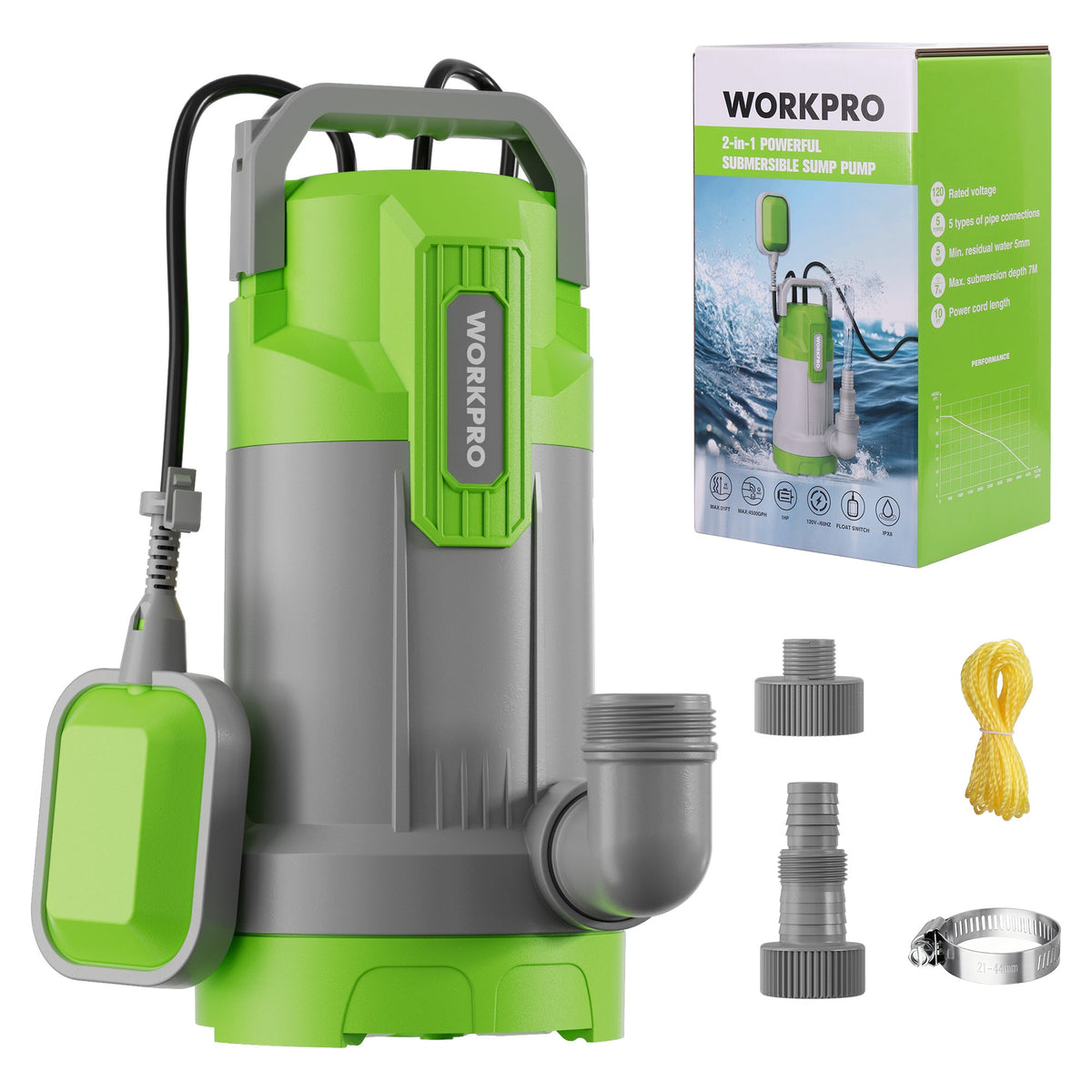 Green and gray submersible sump pump with float switch and power cord, plus accessories