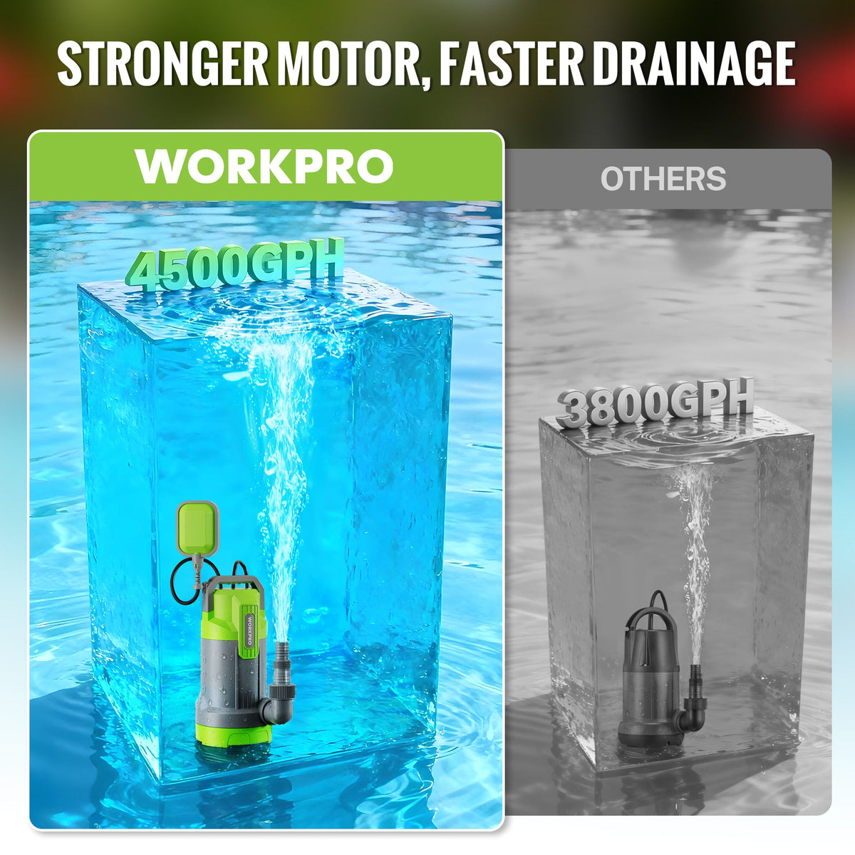 Green submersible pump shown in water, with performance comparison graphic