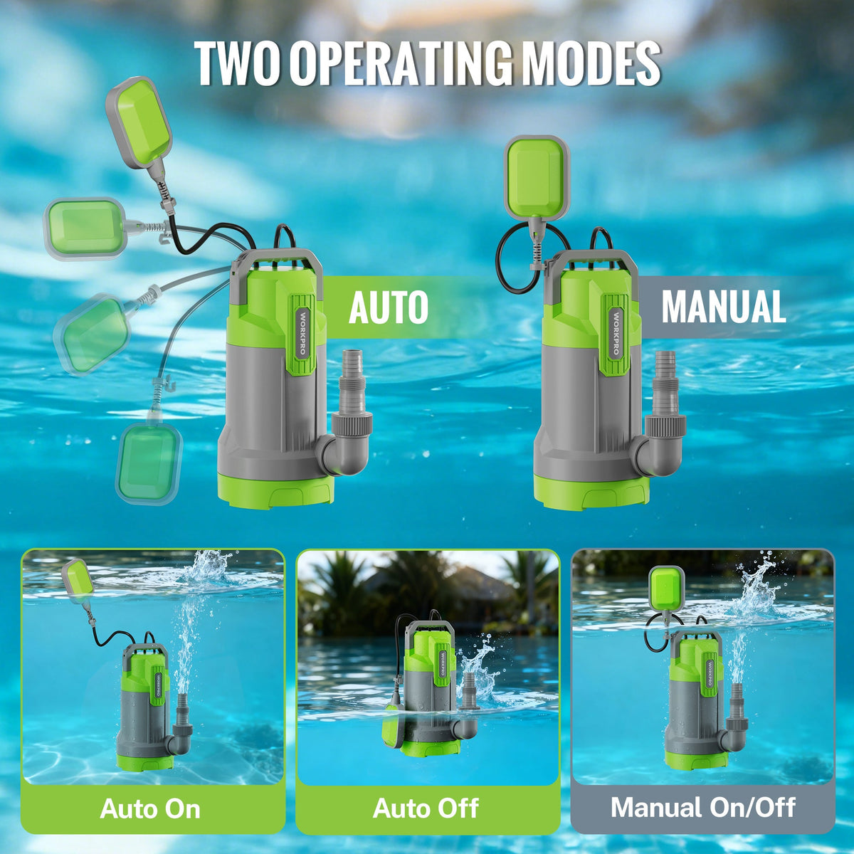 Green submersible pump with float switch, shown in auto and manual modes