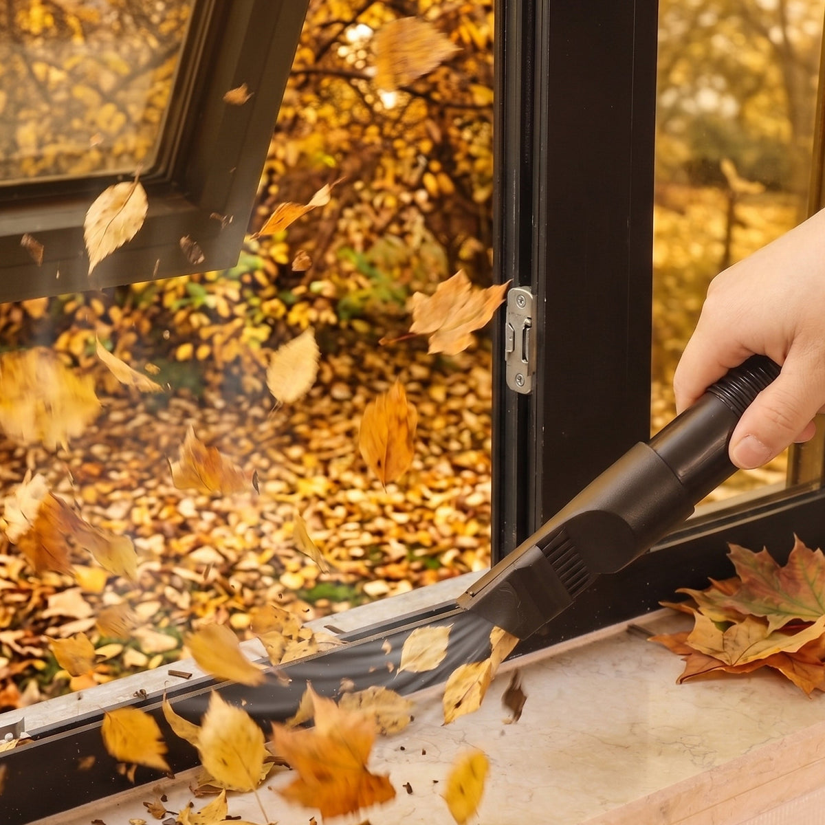 Portable wet/dry vacuum with hose and crevice nozzle used to pick up leaves near a doorway.