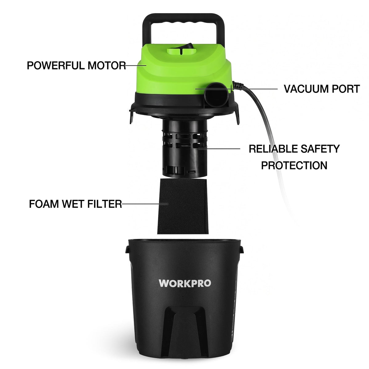 Wet/dry vacuum cleaner with green foam wet filter top and black collection tank, labeled ports.
