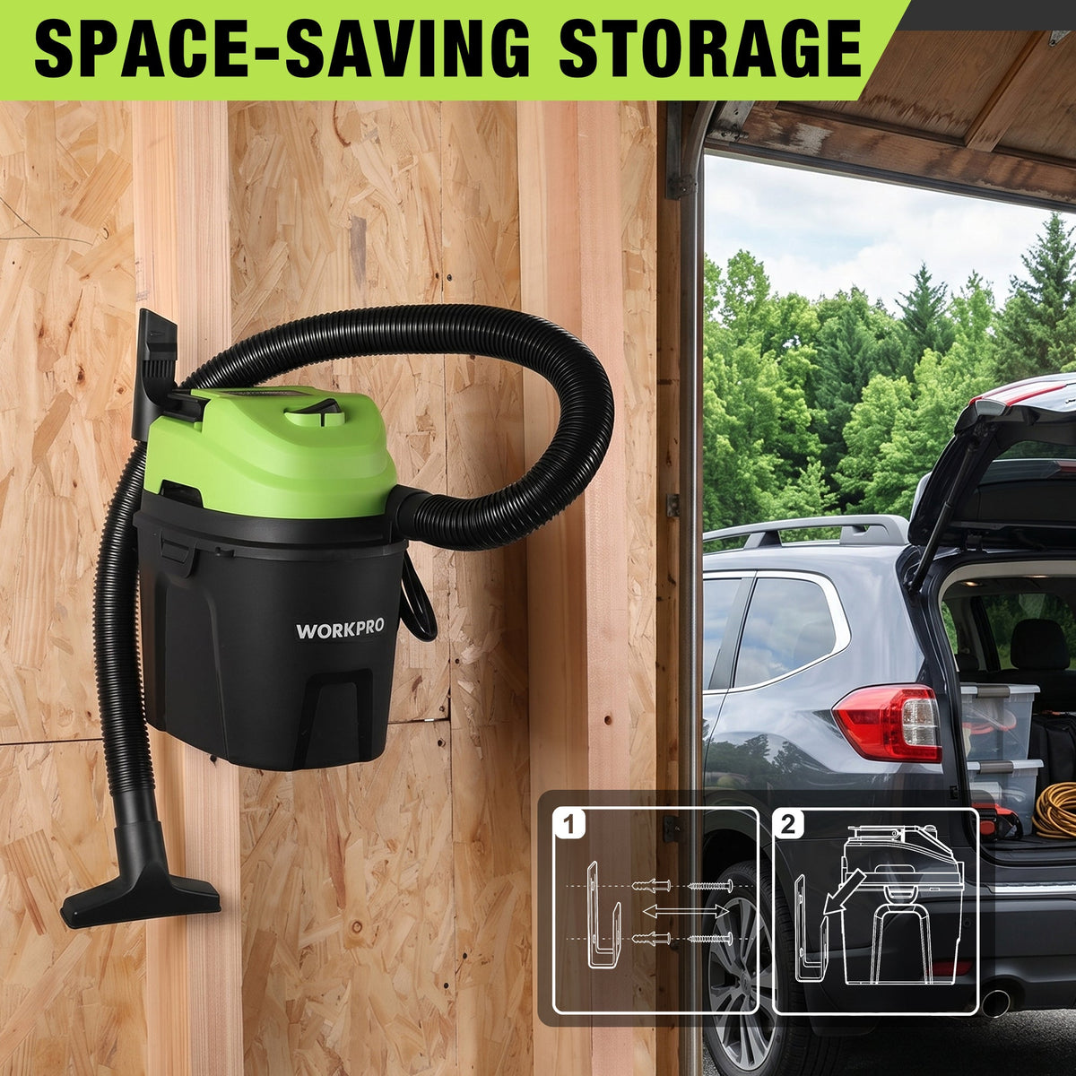 Portable wet/dry vacuum with green top and black tank connected to a long hose and nozzle.