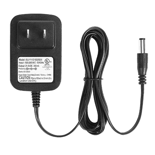 Power adapter with cable and connector, label text visible, innovation and quality features noted