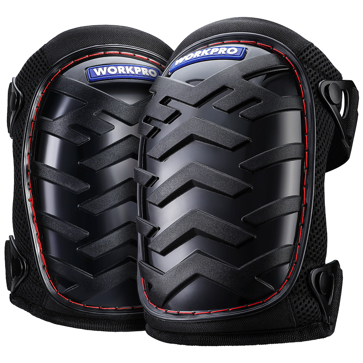 Workpro knee pads with ergonomic gel cushion in black, featuring raised tread on protective shells