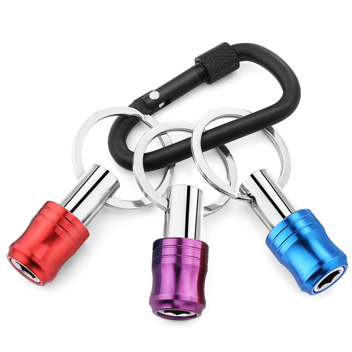 3pc 1/4in hex shank bit holder keychain with red, purple, blue caps and black ring