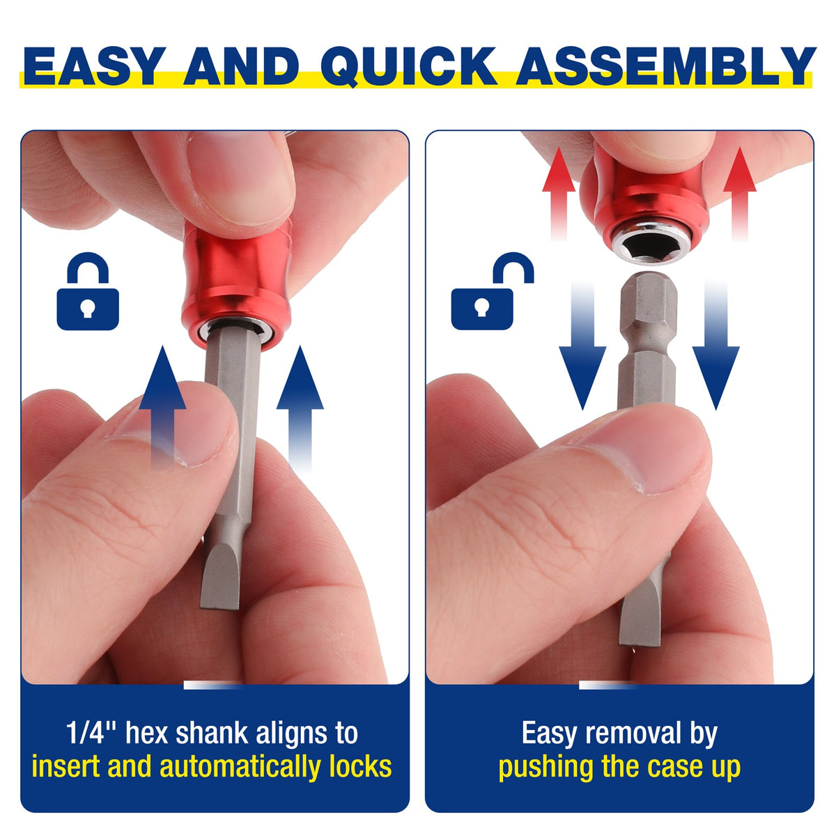 1/4in hex shank bit holder demonstrating quick insert and automatic lock