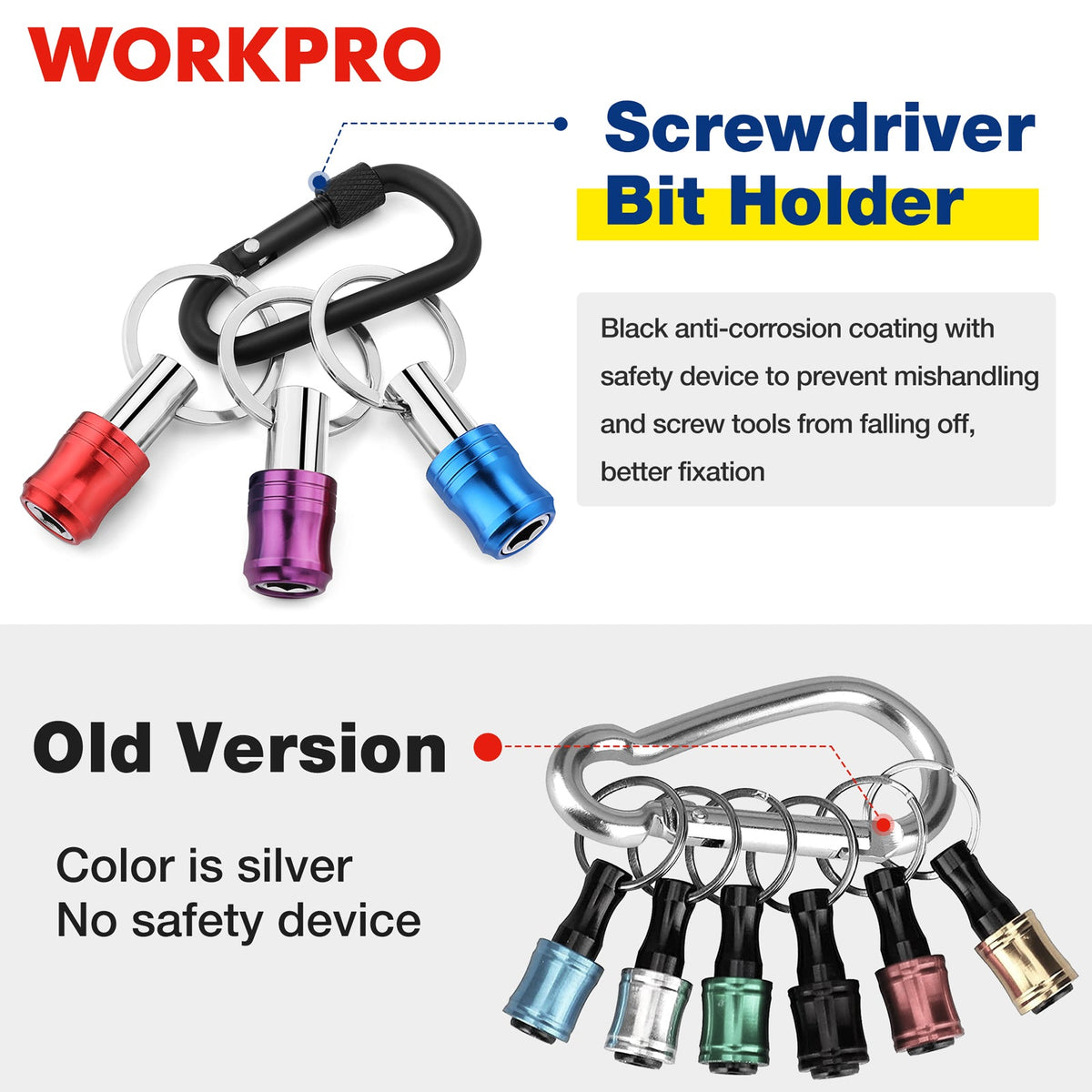 WORKPRO screwdriver bit holder keychain with red, purple, and blue metal caps on rings