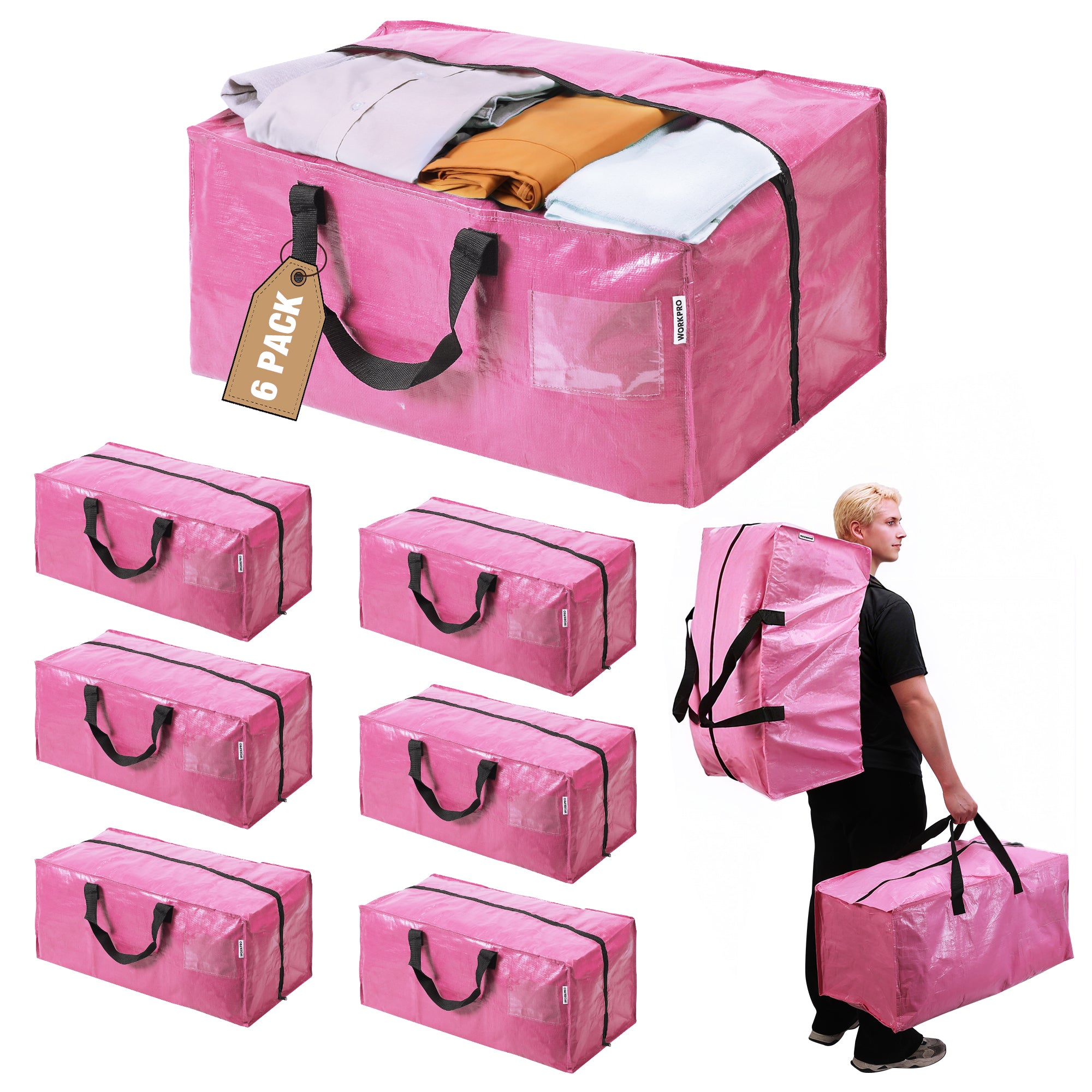 WORKPRO 6 Pack extra large heavy duty storage moving tote bags in pink with innovation, quality, secure zipper
