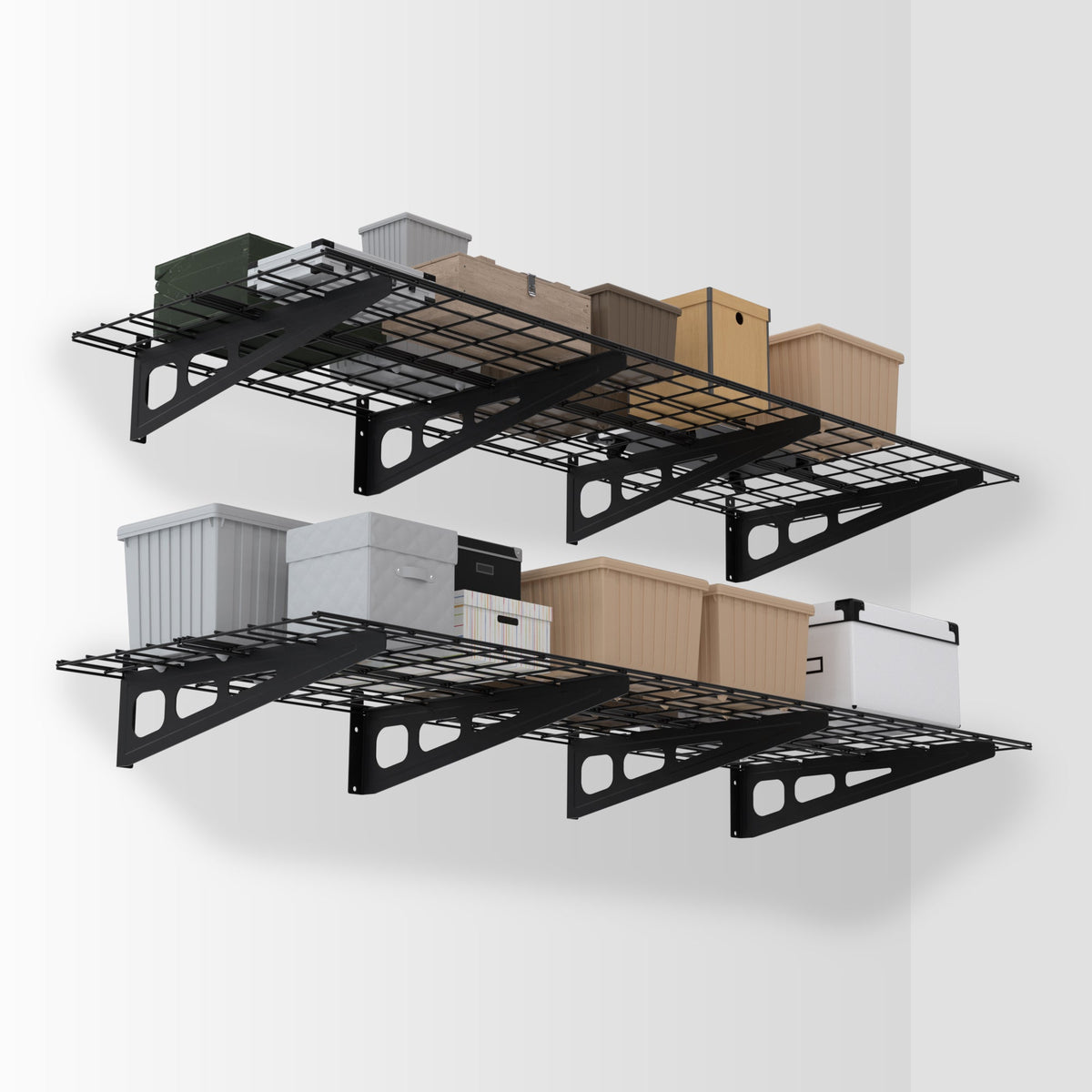 Black metal 2-tier garage storage shelf with wire grid shelves and end supports
