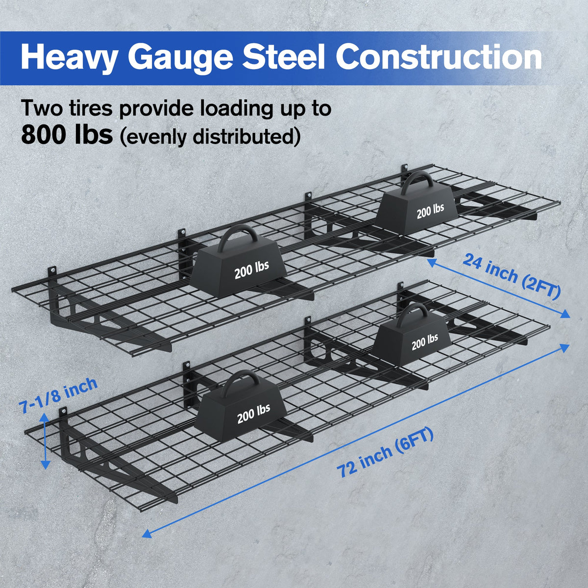 Black steel wire storage shelf frame with two tiers and mounting end brackets