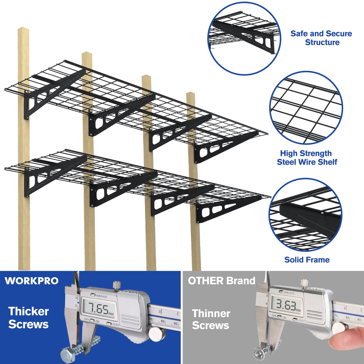Black metal wire shelving unit with multiple tiers and solid frame supports