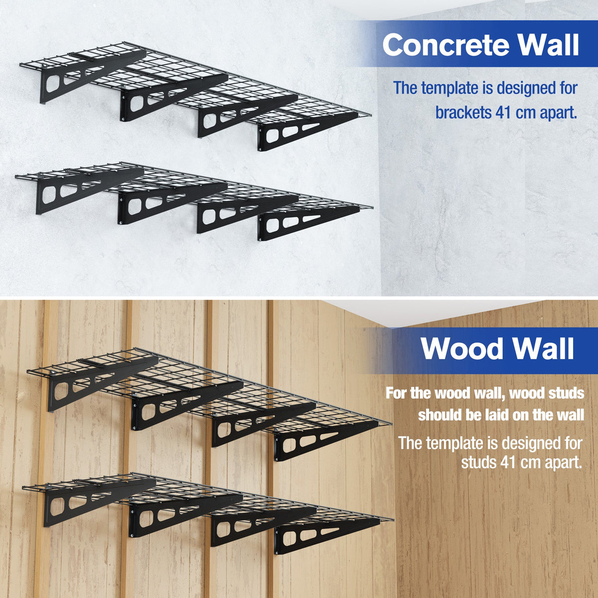Black metal wire storage shelves with three platforms and bracketed support legs