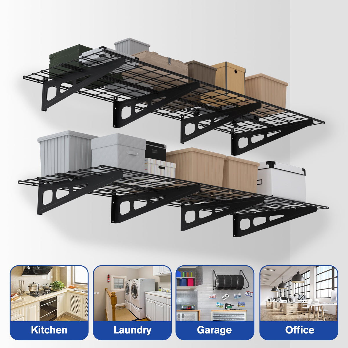 Black metal 2-tier wire storage shelf set with stacked platforms and end frames