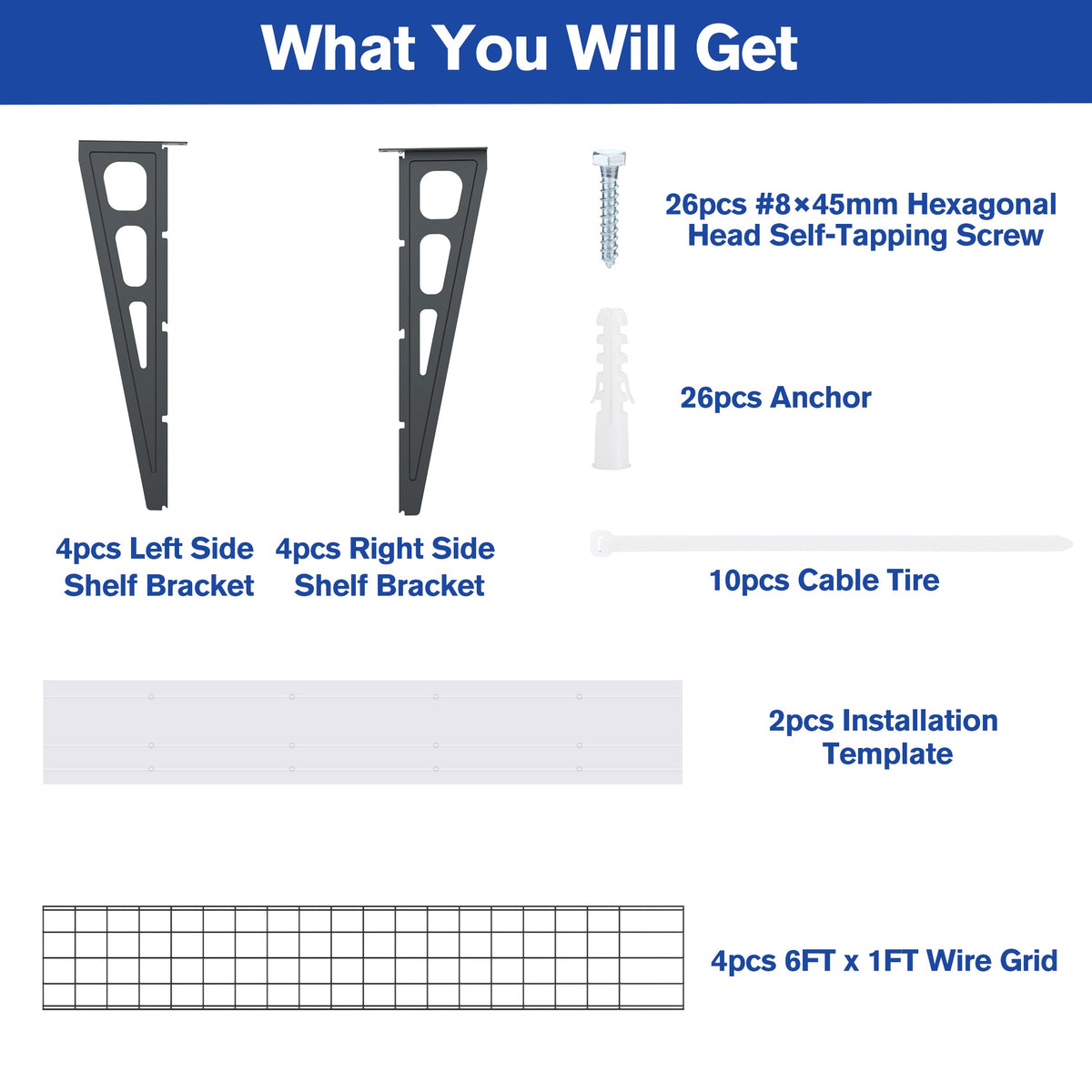 Shelf hardware kit with left and right brackets, anchors, screws, and wire grid