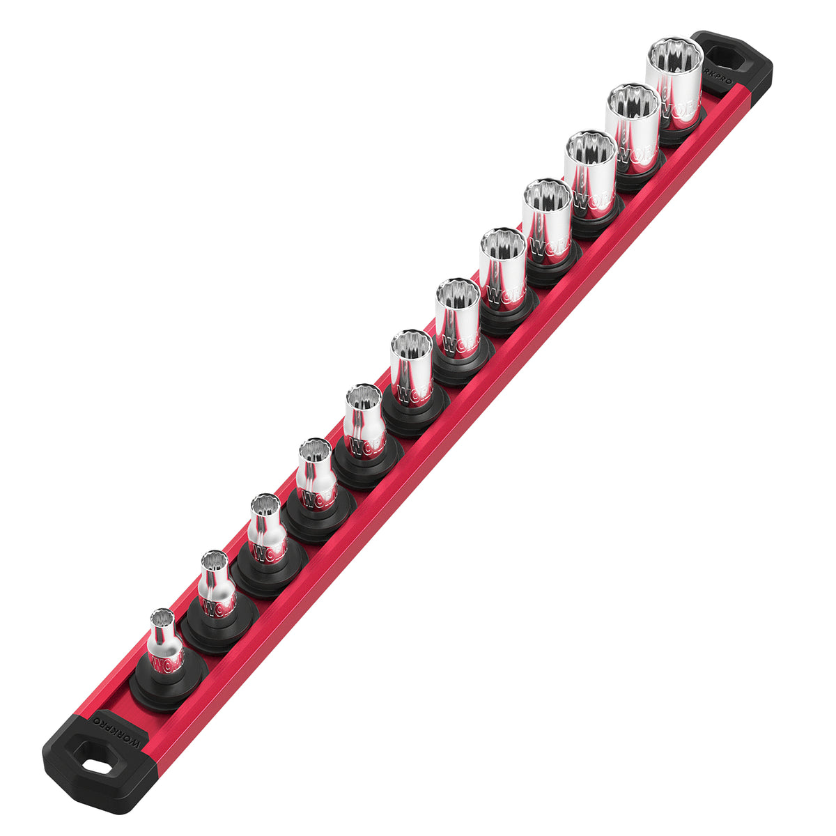 WORKPRO Magnetic Socket Organizer 1 4 inch drive socket rail kit with red aluminum alloy, durable innovation