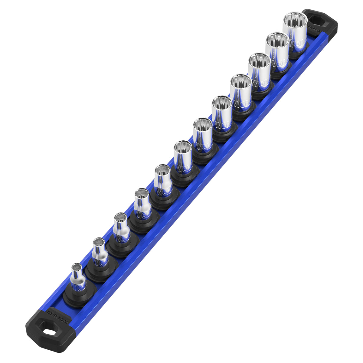 Workpro Magnetic Socket Organizer 14 inch drive aluminum alloy socket rail kit with 12 clips, durable quality
