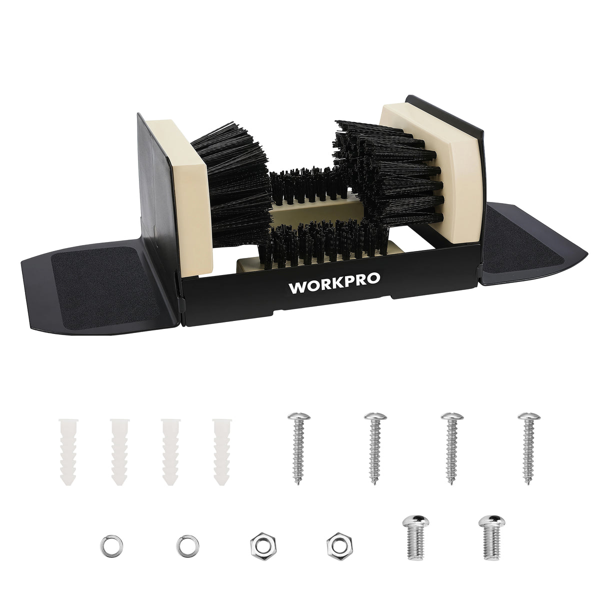 Workpro extra wide boot brush scraper in black and cream with four-sided flex bristles and a non-skid sandpaper and rubber