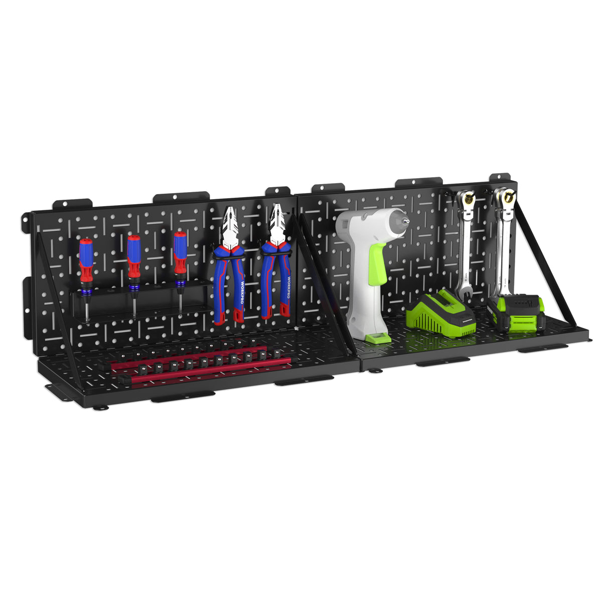 Workpro foldable metal pegboard in black with Q195 carbon steel and matte spray finish, shown with mounted tools.