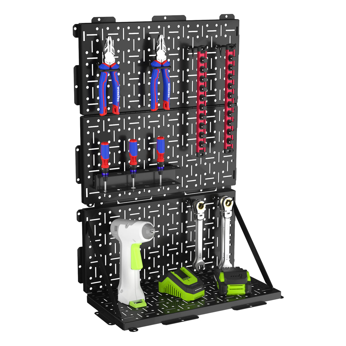 Workpro foldable metal pegboard in black with matte spray finish, displaying organized hand tools