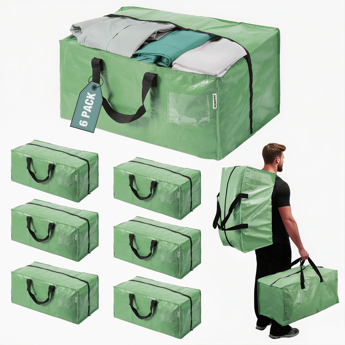 WORKPRO 6 Pack Extra Large Moving Bags in green with quality innovation, secure double zipper and carry handles