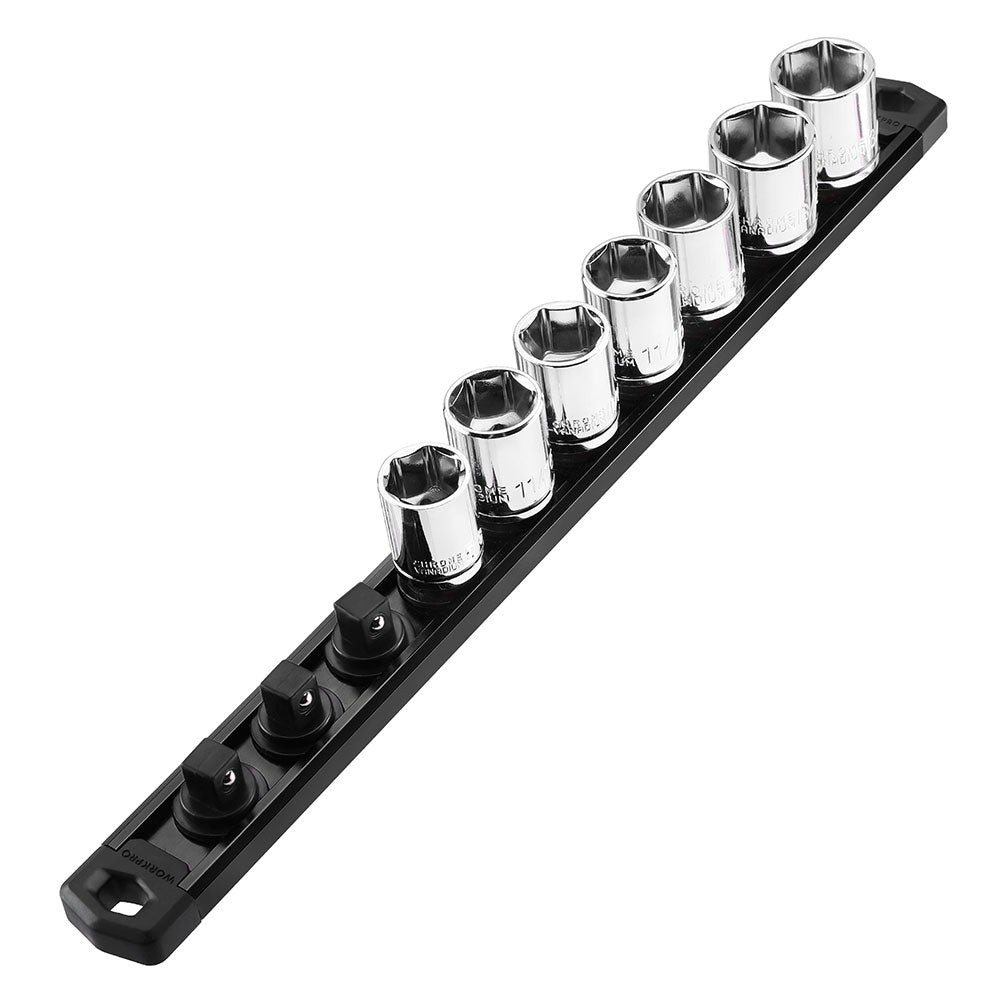 WORKPRO Magnetic Socket Organizer 3 8 inch drive aluminum alloy socket rail with 10 clips, secure durable quality