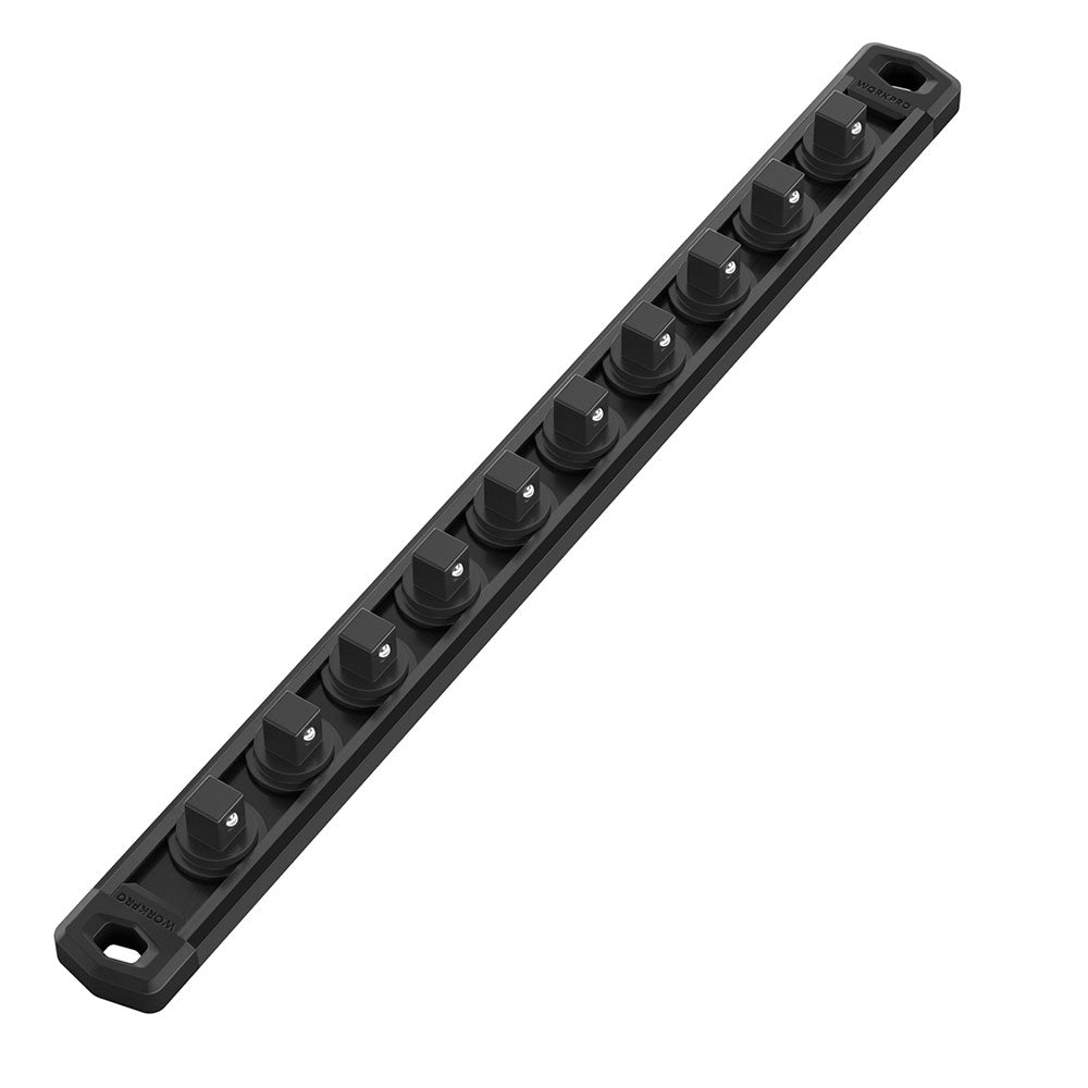 WORKPRO Magnetic Socket Organizer rail with clip holder in black aluminum alloy, durable and secure