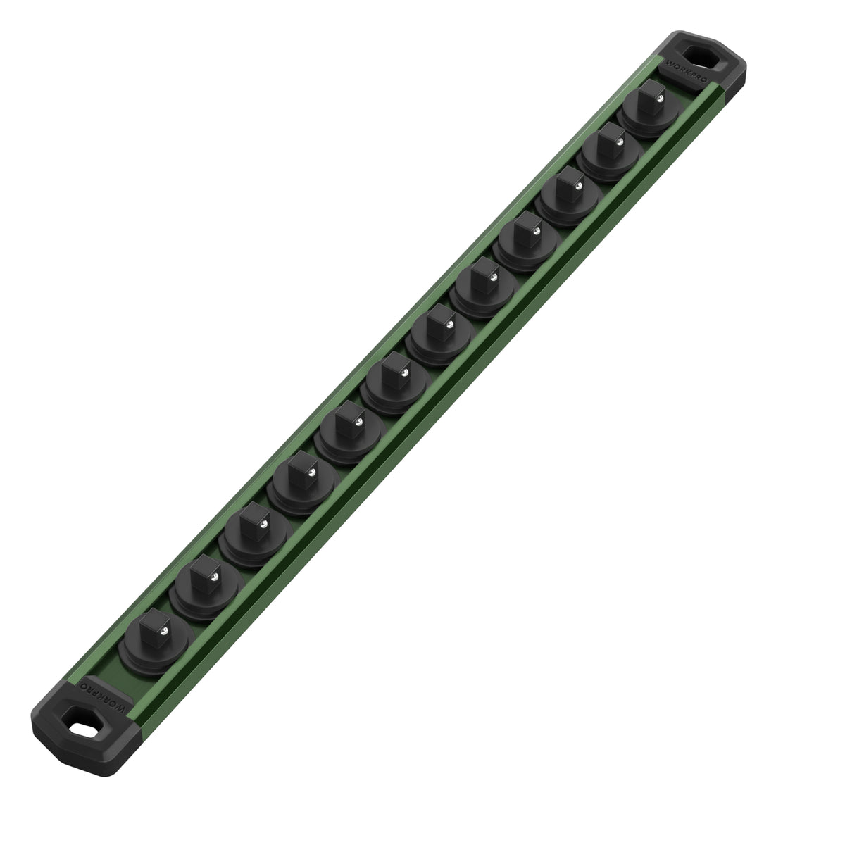 WORKPRO Magnetic Socket Organizer rail with rotating clips in green and black for secure durable tool storage