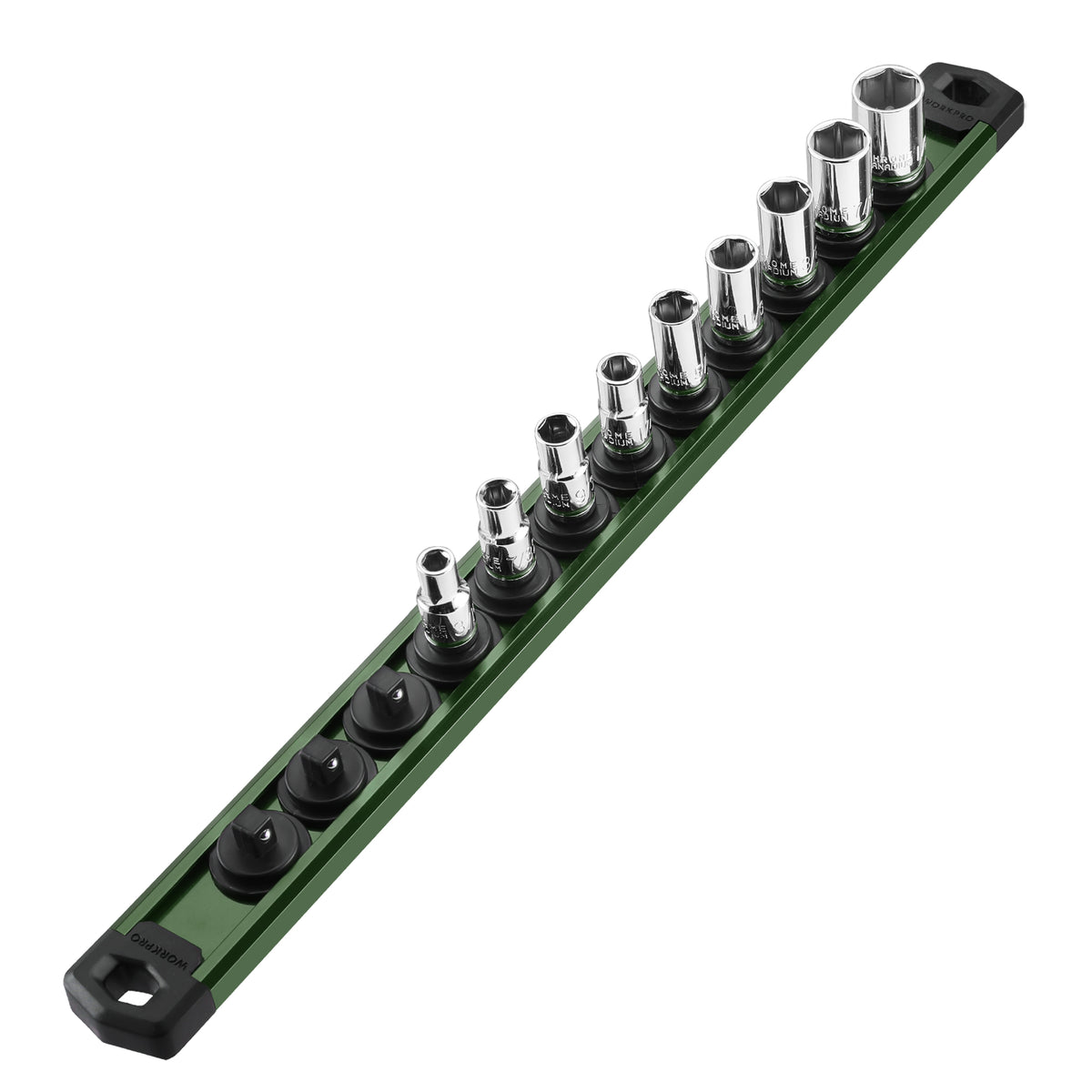 WORKPRO Magnetic Socket Organizer rail with rotating clips in green and silver, innovation quality secure durable