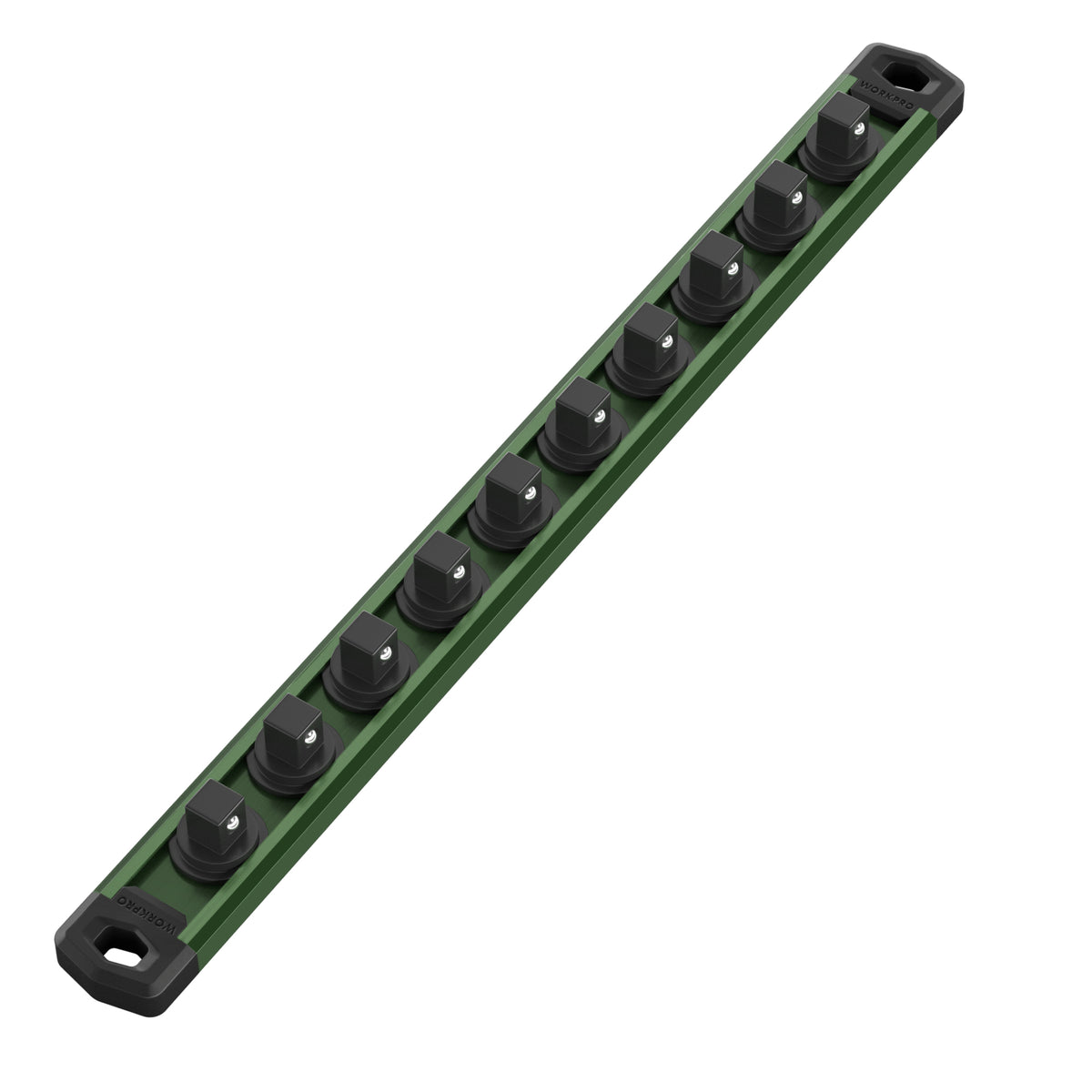 WORKPRO Magnetic Socket Organizer rail with green aluminum alloy and 38 inch drive clips, secure and durable
