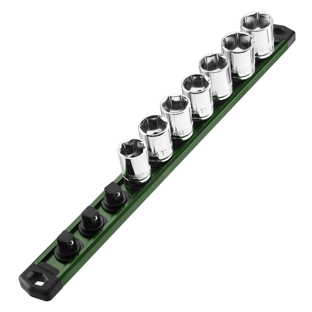WORKPRO Magnetic Socket Organizer rail with chrome sockets on green aluminum alloy, innovation quality durable secure