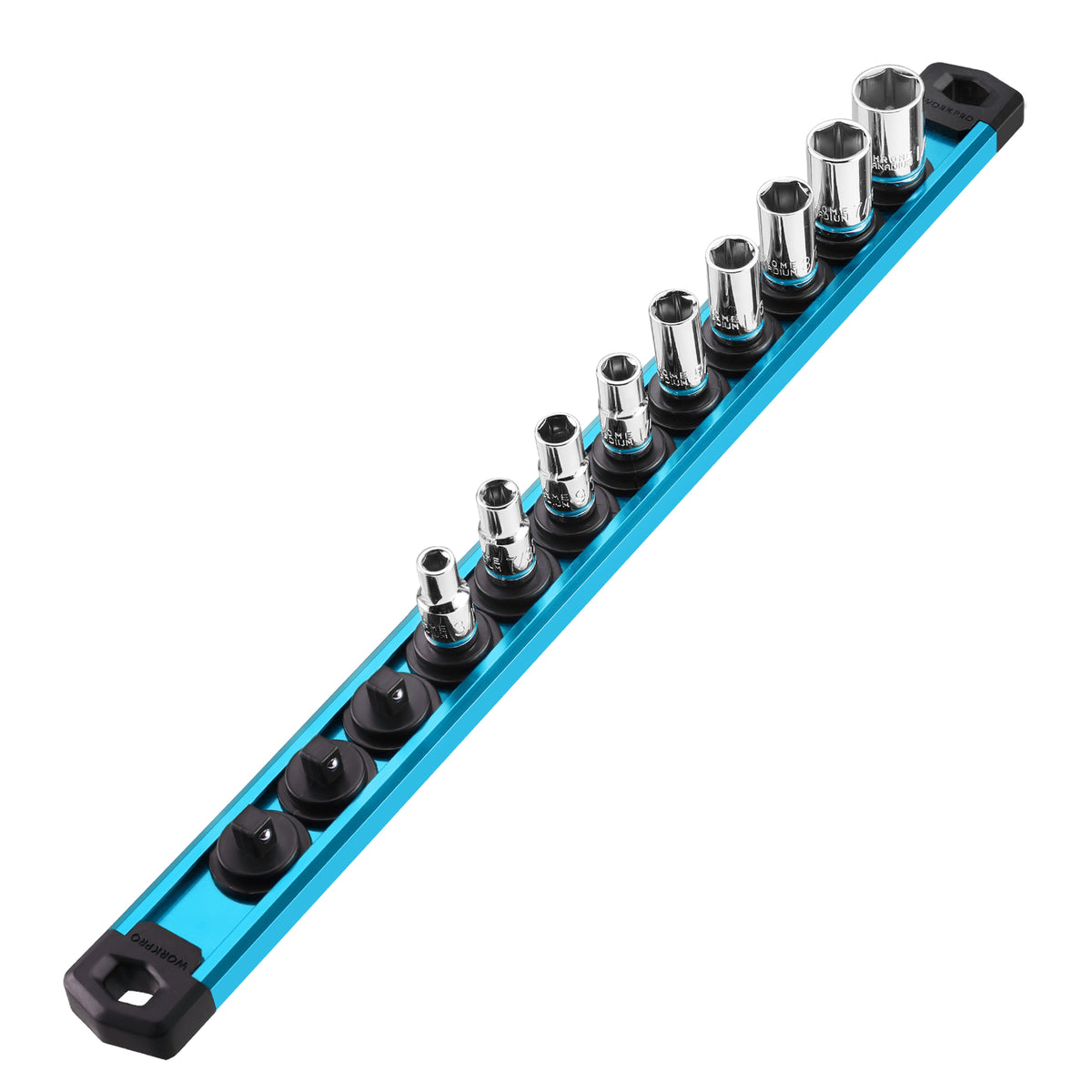 WORKPRO Magnetic Socket Organizer rail with innovation and quality, blue aluminum alloy, 1 4 inch drive