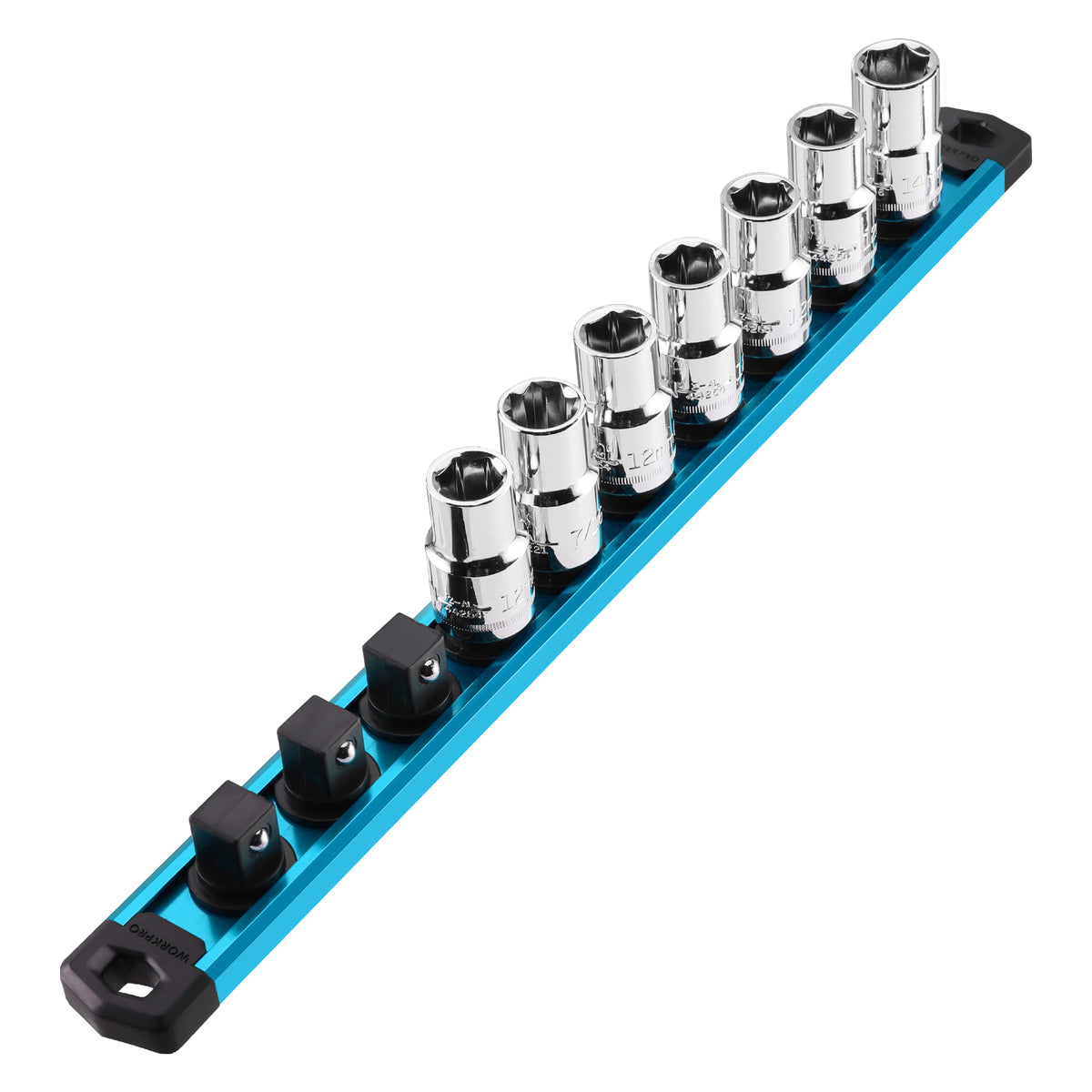 WORKPRO Magnetic Socket Organizer 12-inch socket rail in sky blue with 10 clips, innovation quality
