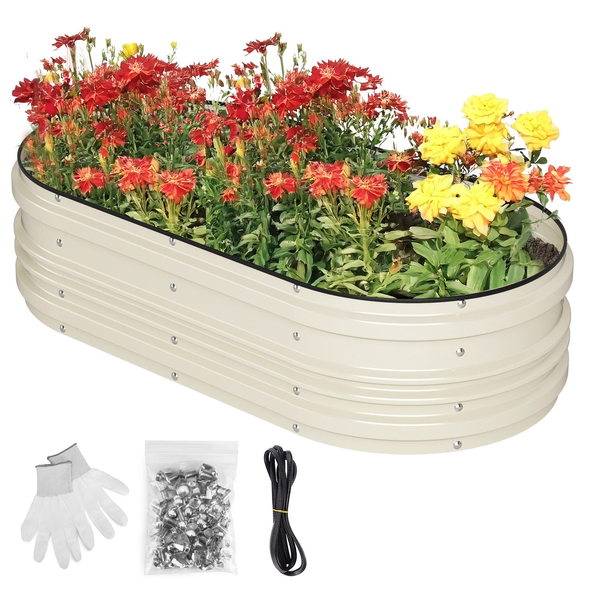 White galvanized raised garden bed with colorful flowers and green foliage in a rectangular planter