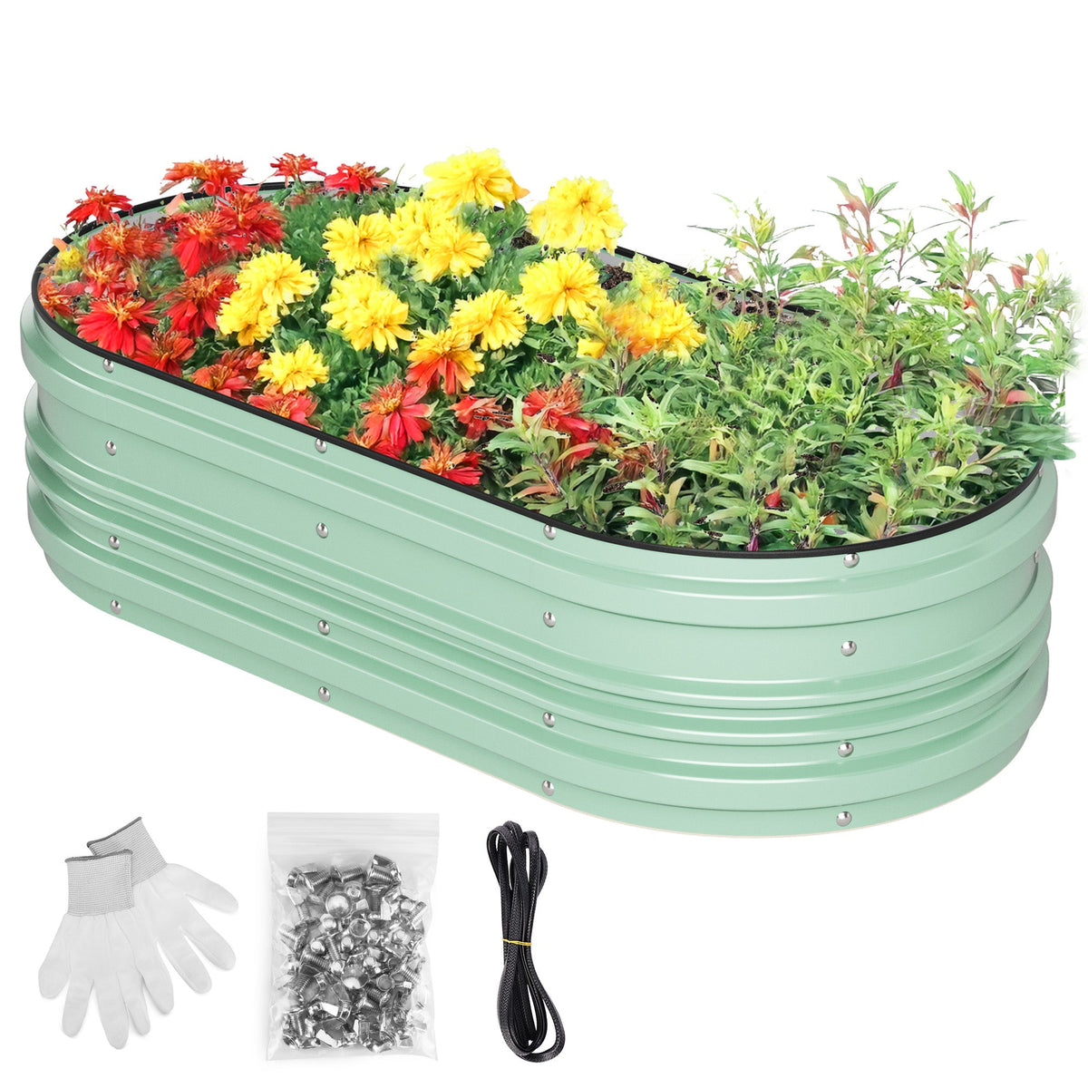 Green raised garden bed filled with colorful flowers and herbs, with metal ribbed sides