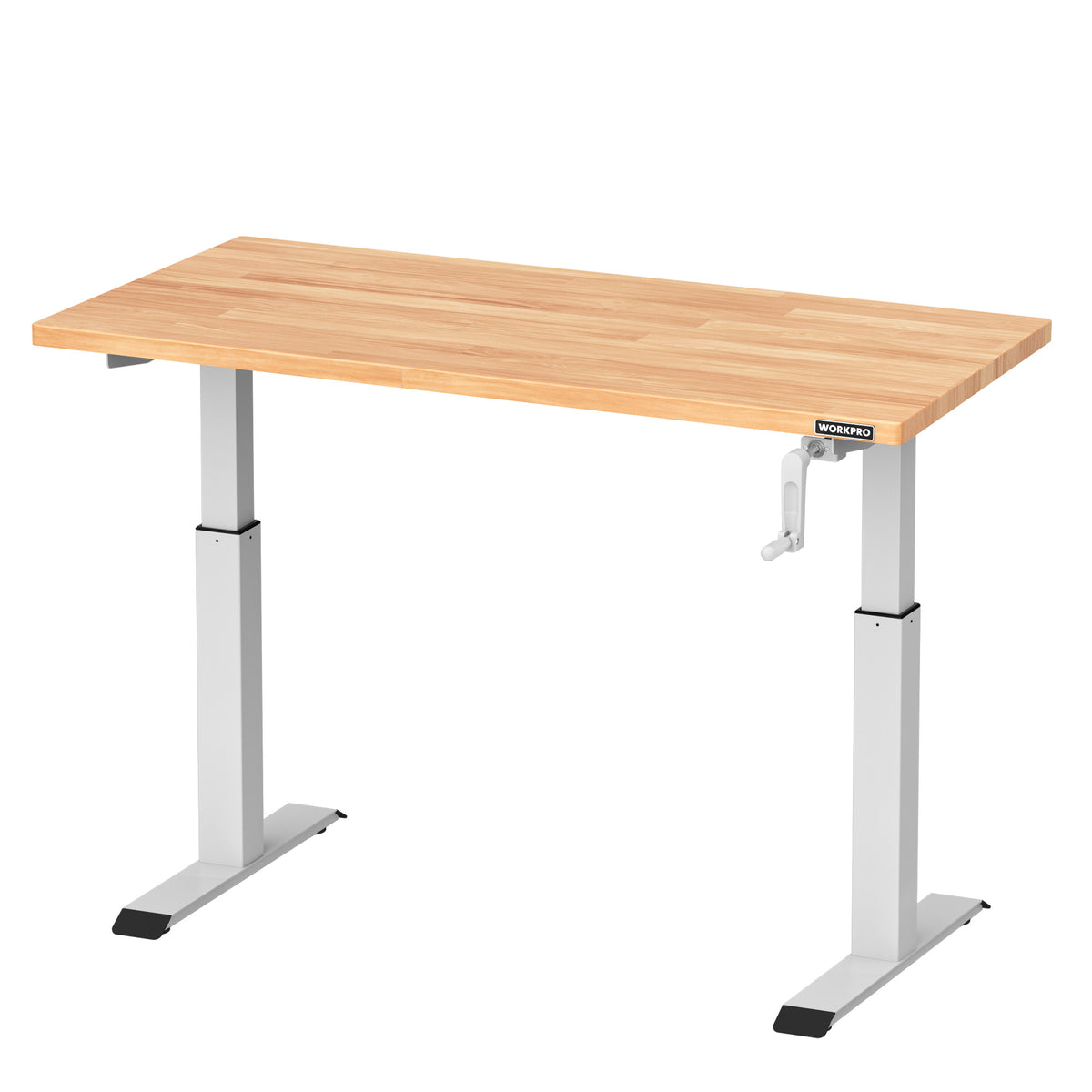 Workpro adjustable height workbench with crank handle, solid rubberwood tabletop and white steel frame for workshops.