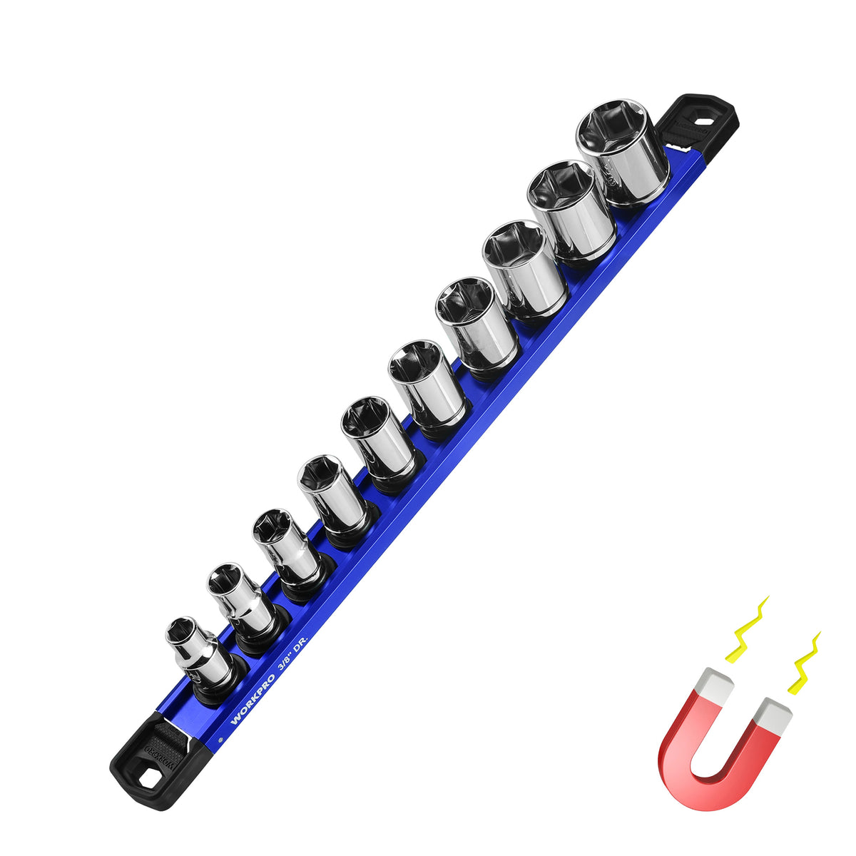 WORKPRO Magnetic Socket Organizer 38 inch drive in blue with removable clips, innovation quality secure durable