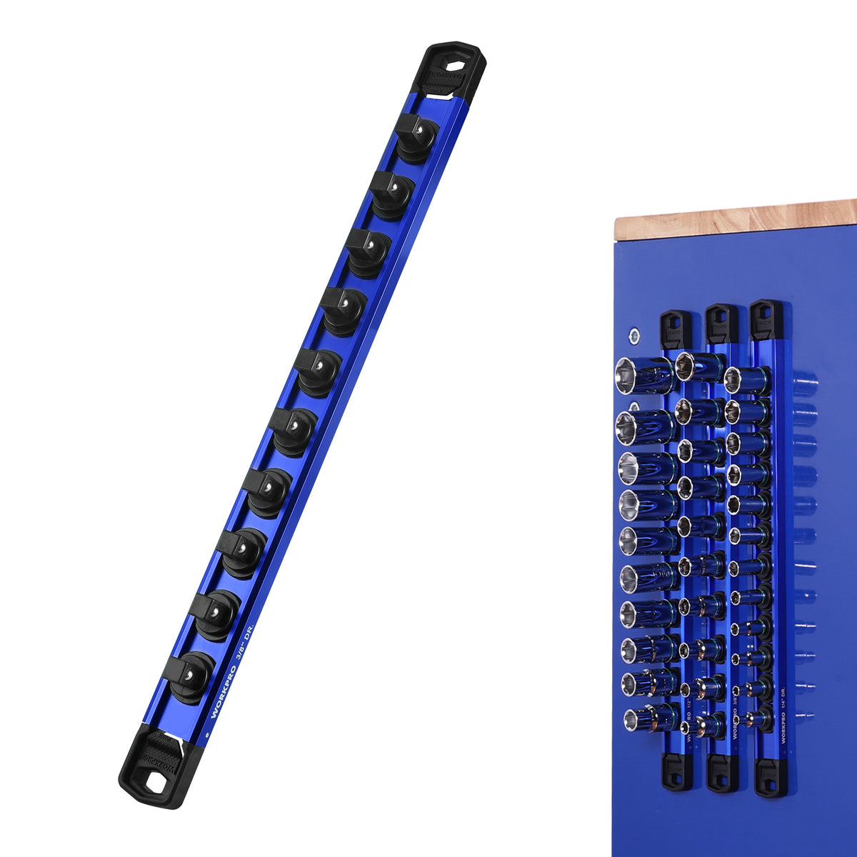 WORKPRO Magnetic Socket Organizer with 10 removable clips, blue and black, innovation quality secure durable