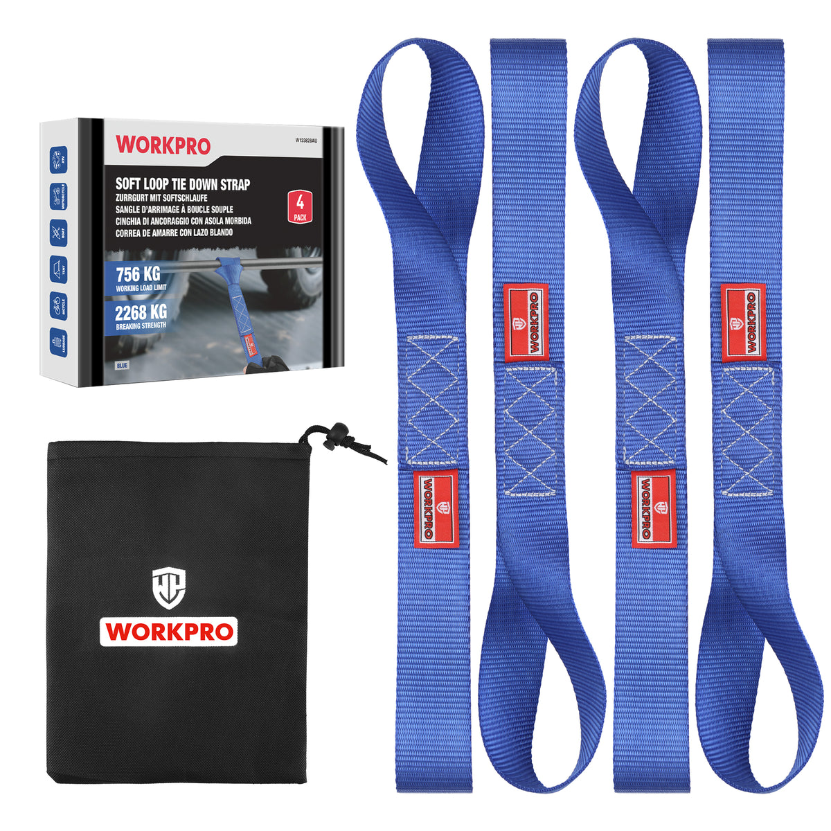 Workpro soft loop tie down straps in blue with woven webbing and a matching black storage pouch