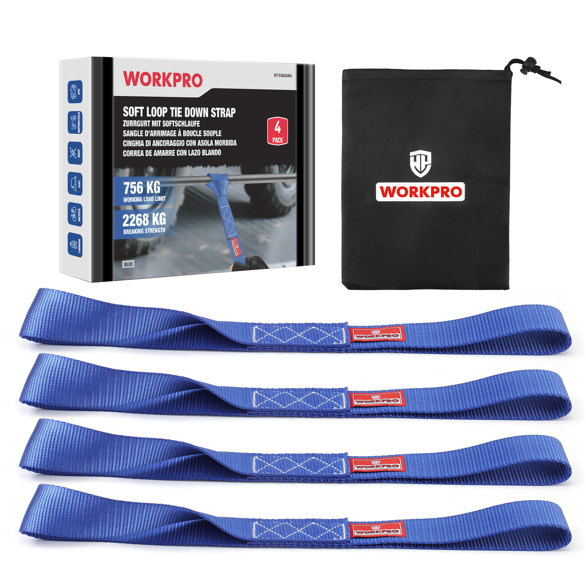Workpro soft loop tie down straps in blue with stitched reinforcement and a black storage pouch for transport