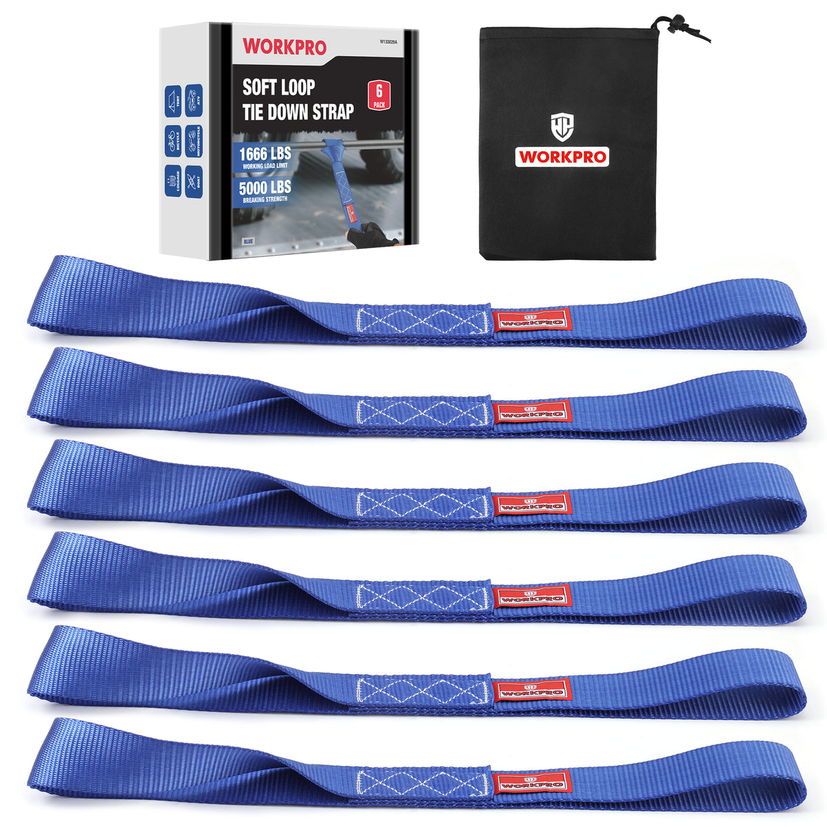 Workpro soft loop tie down straps in blue with durable woven fabric for securing motorcycles and ATVs