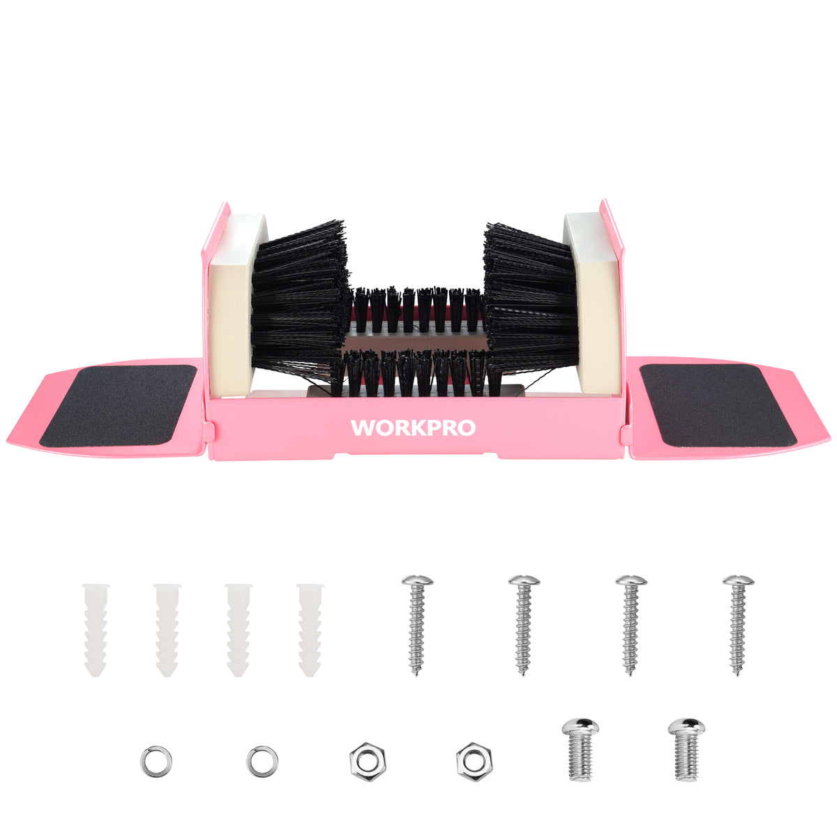 Workpro heavy duty boot cleaner in Pink with four-sided flexible bristles and non-skid sandpaper and rubber mats.