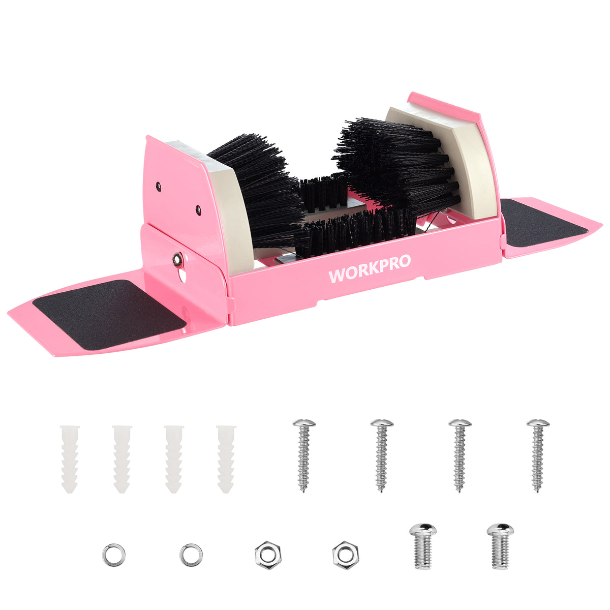 Workpro boot cleaner in pink with four-sided flexible bristles, non-skid mats, and a welded metal frame.